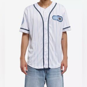 Blink-182 White Baseball-Style Jersey with Light Blue Pinstripes